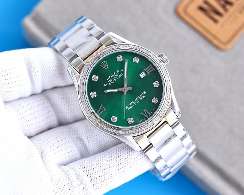 Stainless steel Rolex watch with green dial and Roman numerals, angled front view.