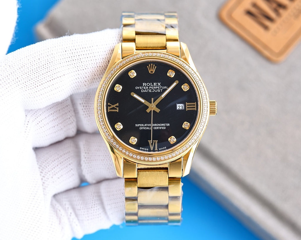Rolex wristwatch with gold-tone bracelet and black dial, gold hour markers and hands