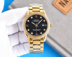 Rolex wristwatch with gold-tone bracelet and black dial, gold hour markers and hands