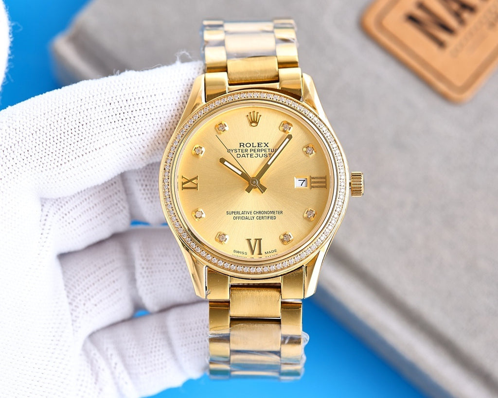 Rolex wristwatch with gold-tone bracelet and light gold dial, gold hands and hour markers