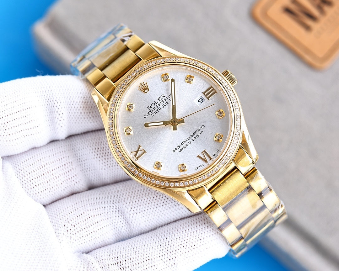 Rolex wristwatch with gold-tone bracelet and light gold dial, roman numerals and gold hands
