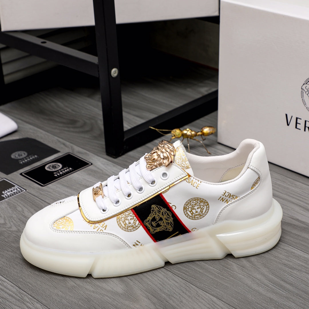 Versace white sneakers with gold crest strap, multicolor logo panel and thick sole