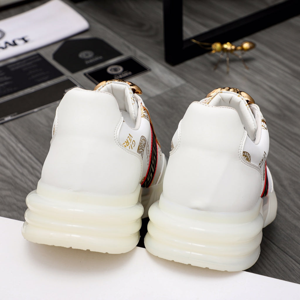 Versace white sneakers with gold crest heel detail and cushioned platform sole