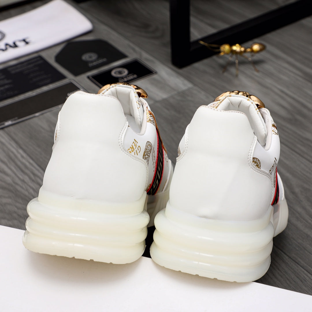 Versace white sneakers with gold crest heel detail and cushioned platform sole