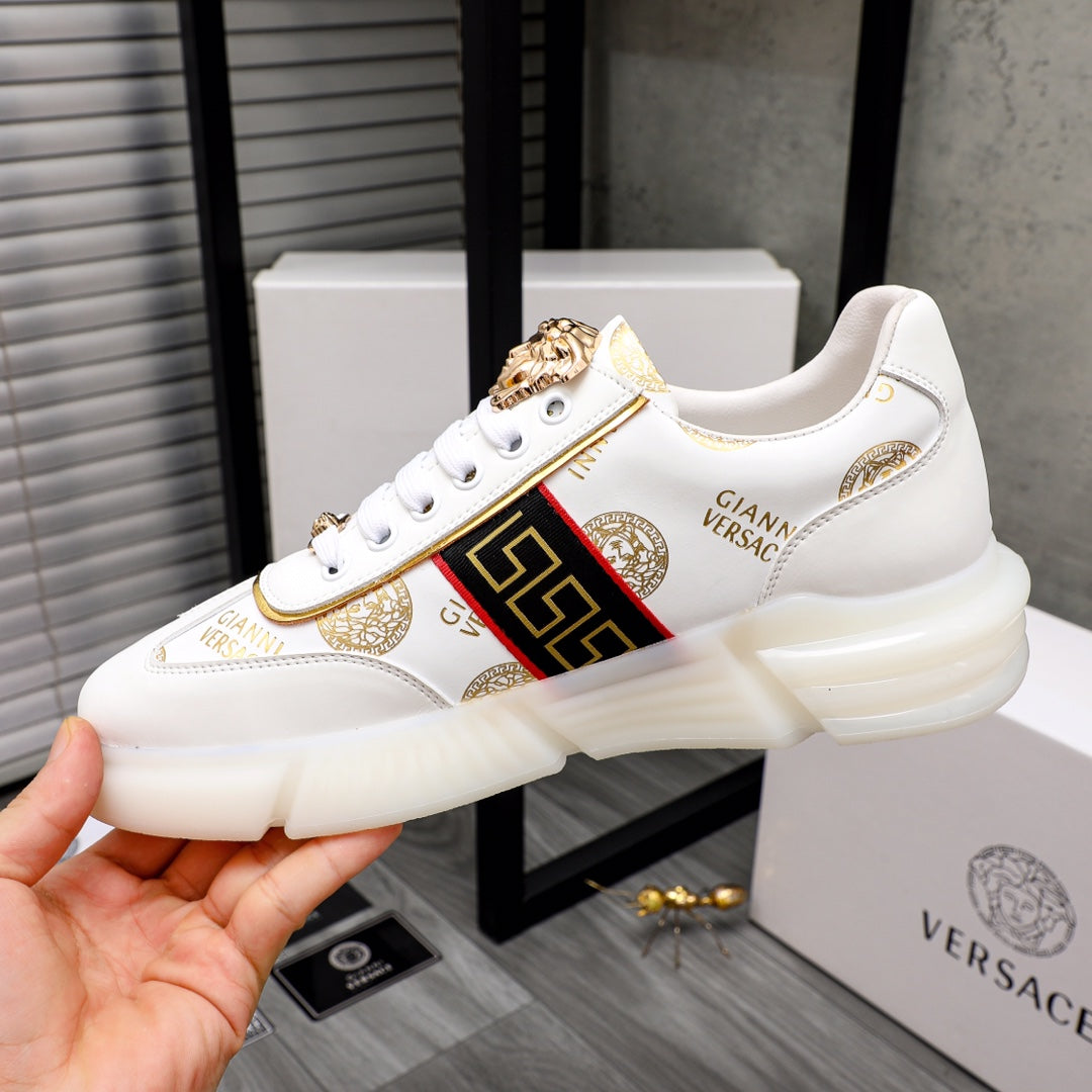 Versace white sneakers with gold medallion lace tab and multicolor logo stripe