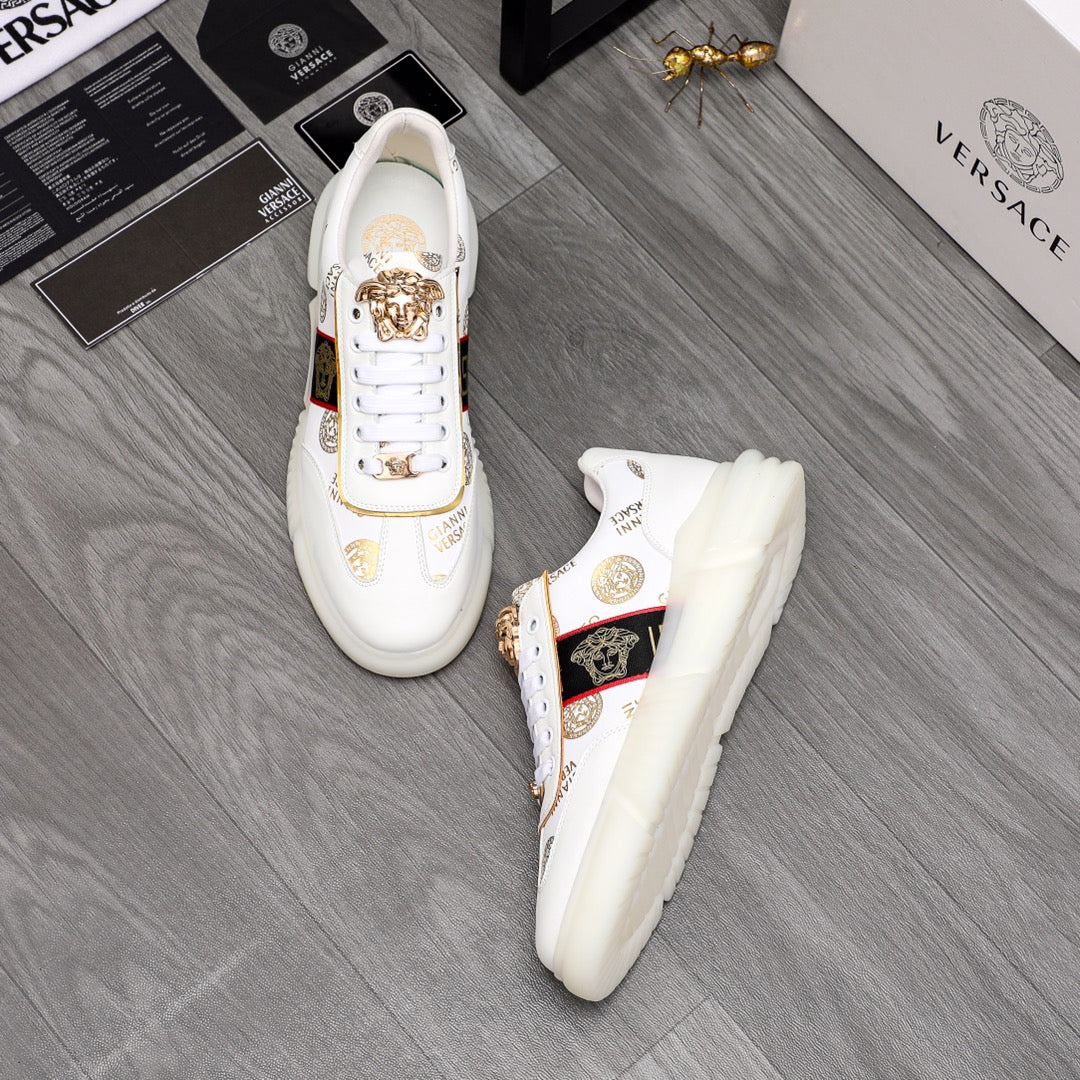 Versace white sneakers with gold crest detail and logo stripe on chunky sole
