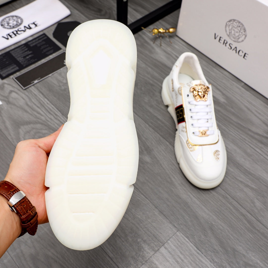 Versace white sneakers with thick sole and gold crest lace hardware