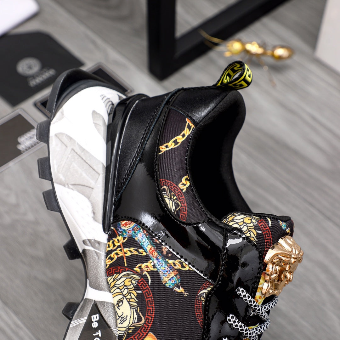 Black Versace sneakers with checkered laces, baroque side panel, gold emblem on tongue