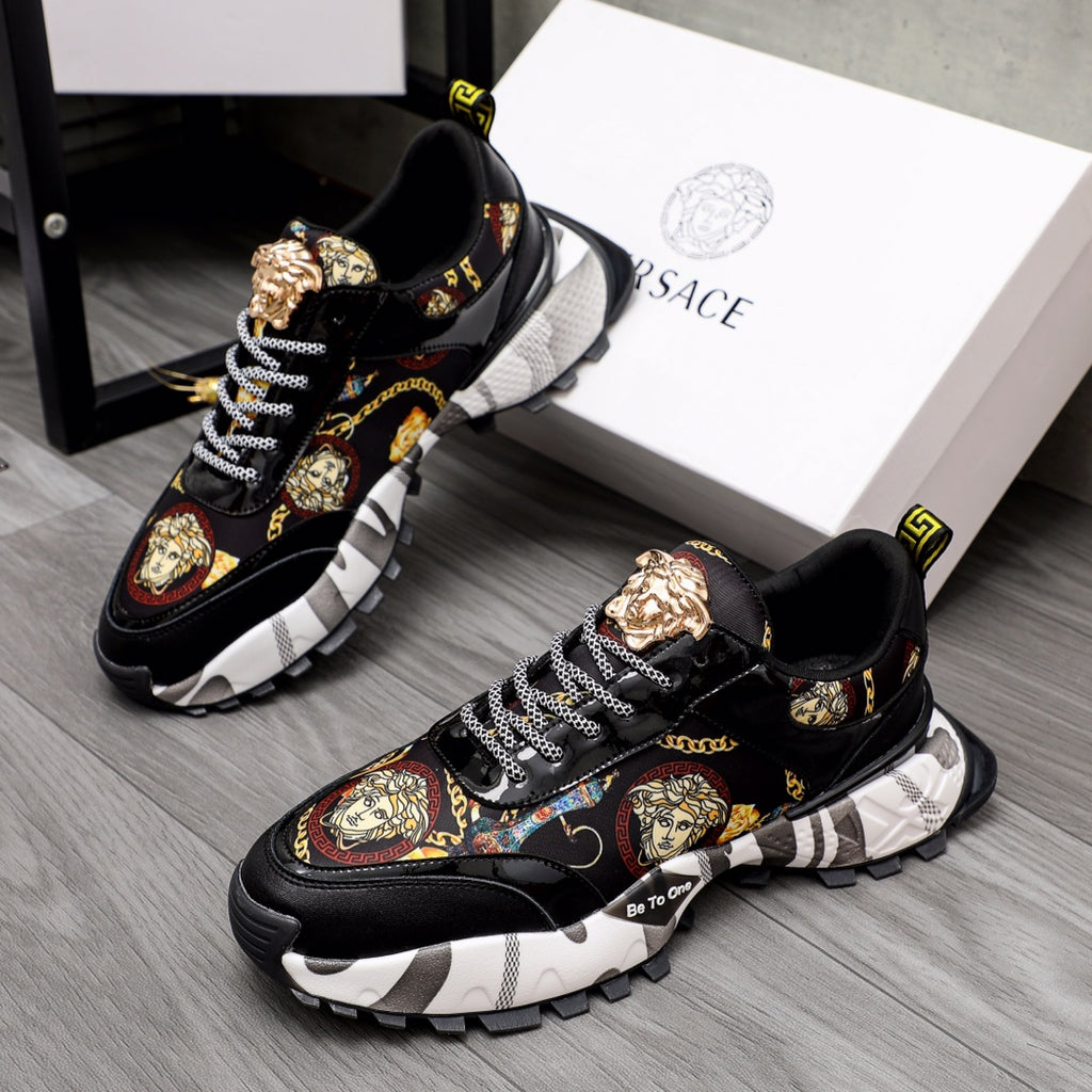Black Versace sneakers with gold crest, baroque prints, chunky white sole and checker laces