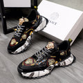 Black Versace sneakers with gold crest, baroque prints, chunky white sole and checker laces