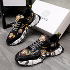 Black Versace sneakers with gold crest, baroque prints, chunky white sole and checker laces