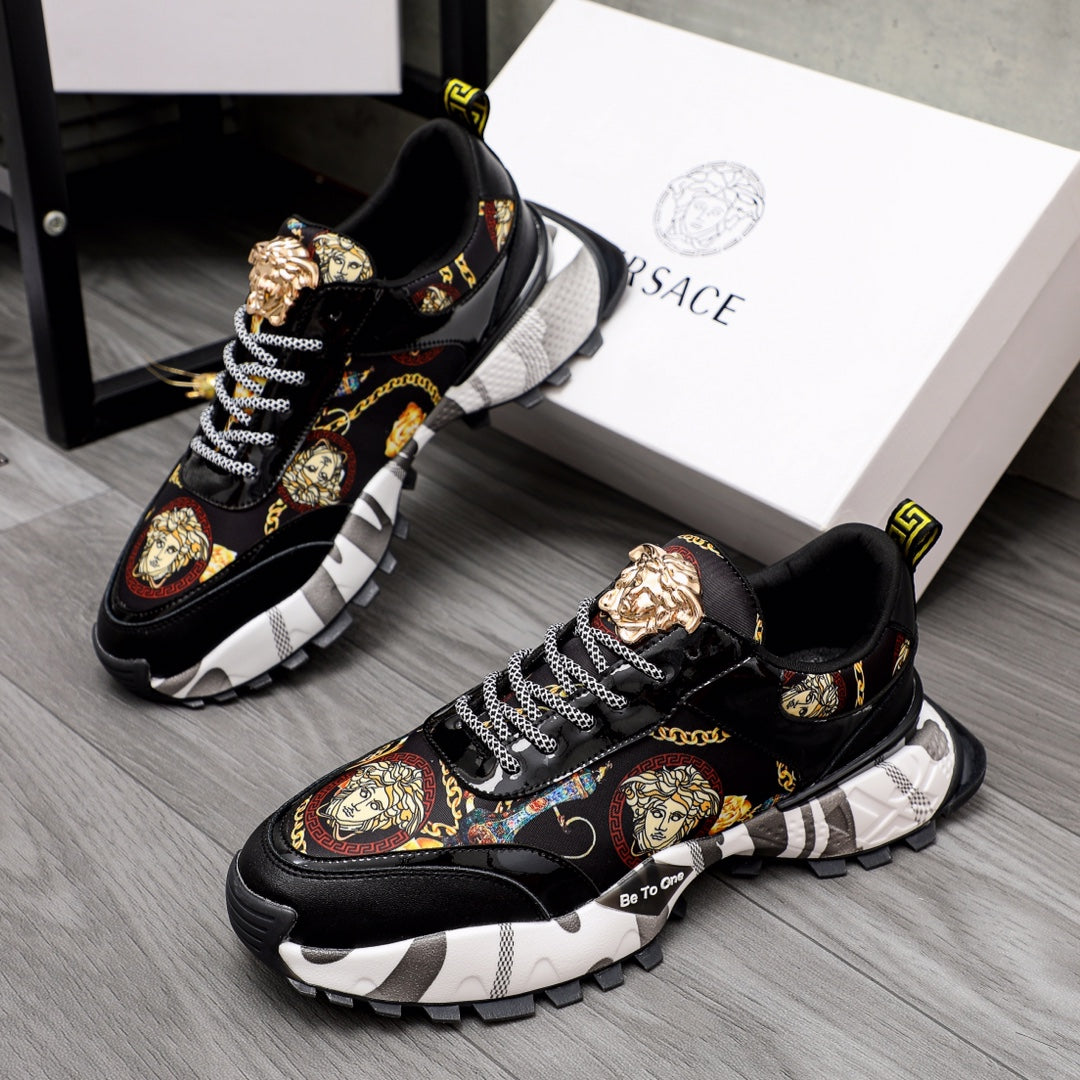 Black Versace sneakers with gold crest, baroque prints, chunky white sole and checker laces