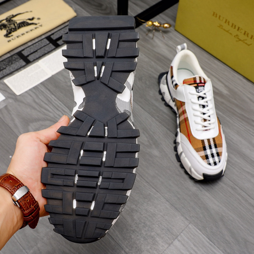 Burberry sneaker outsole view: black tread sole, chunky platform tread blocks