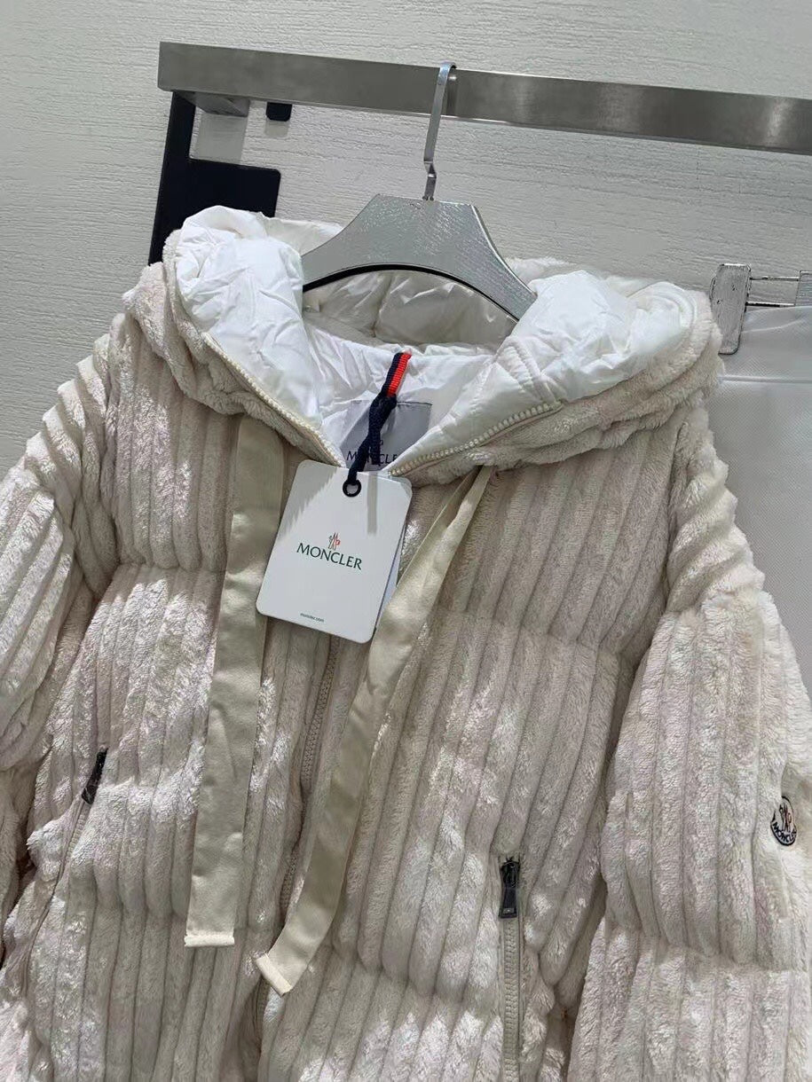 Cream long hooded puffer jacket with full front zipper and drawcord hood