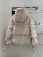 Cream long back view puffer jacket with attached hood and ribbon-tie details