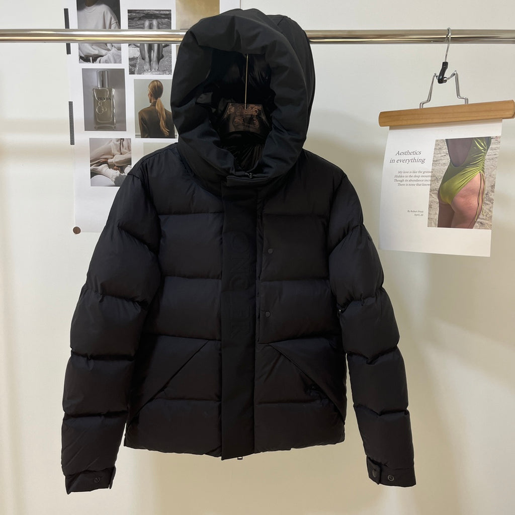 Black long puffer jacket with hood up and front zipper