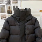 Black long puffer jacket hood with front buttons and quilted padding