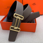 Brown leather belt with gold-tone rectangular H buckle