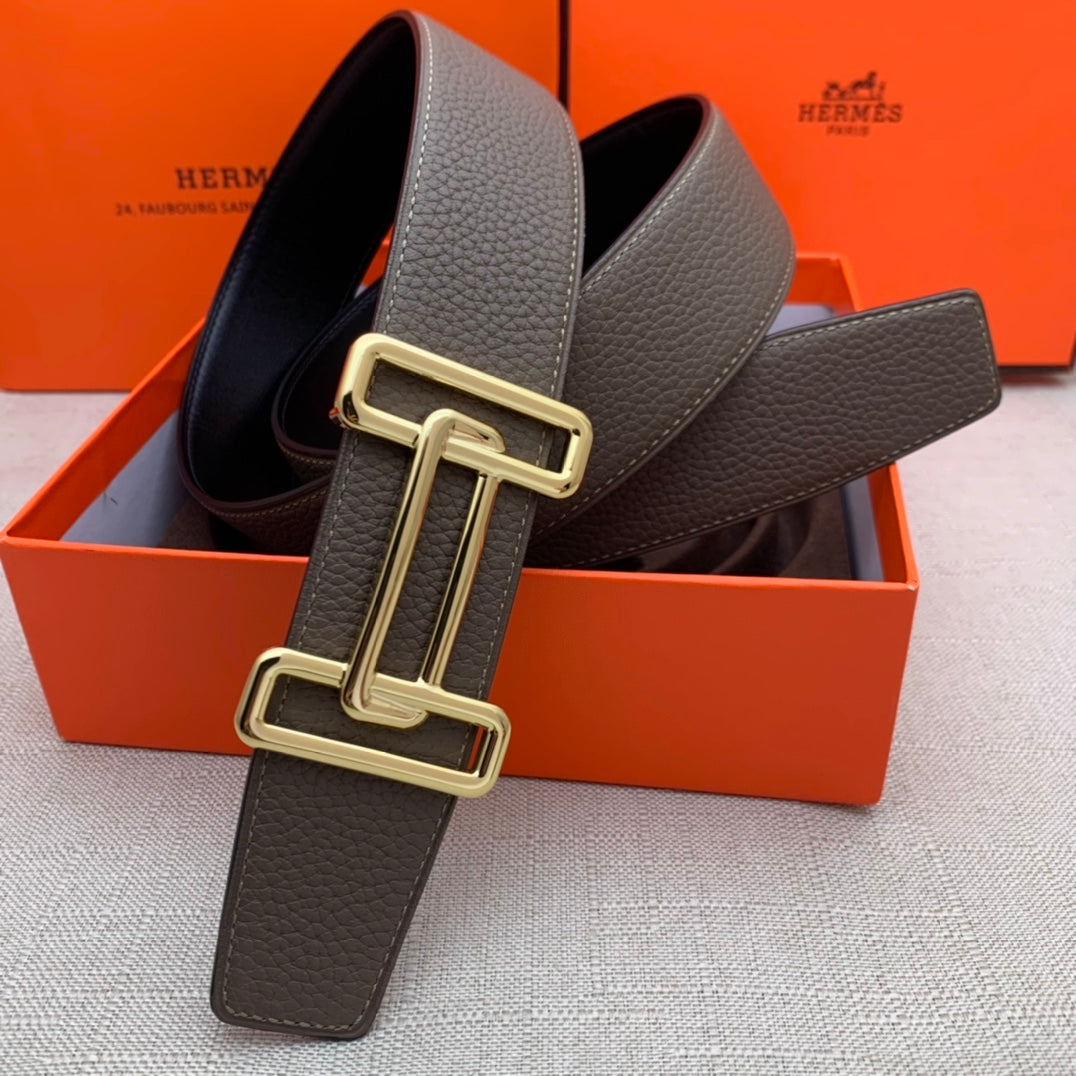 Brown leather belt with gold-tone rectangular H buckle