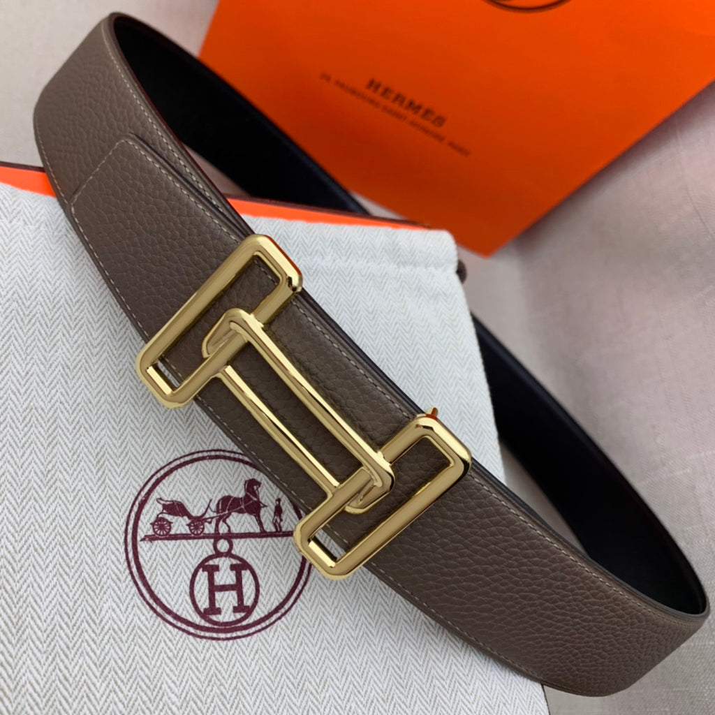 Brown leather belt with gold-tone H buckle