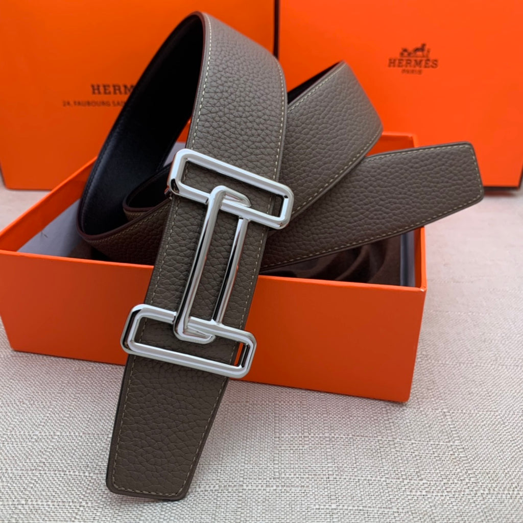 Brown leather belt with silver-tone rectangular H buckle