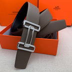 Brown leather belt with silver-tone rectangular H buckle