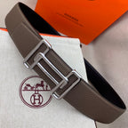 Brown leather belt with silver-tone H buckle