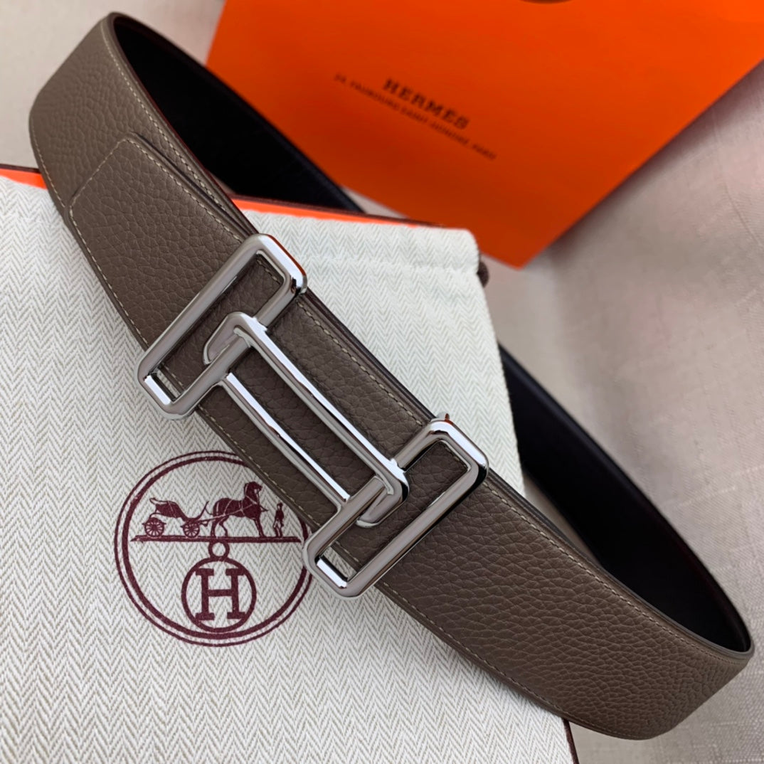 Brown leather belt with silver-tone H buckle