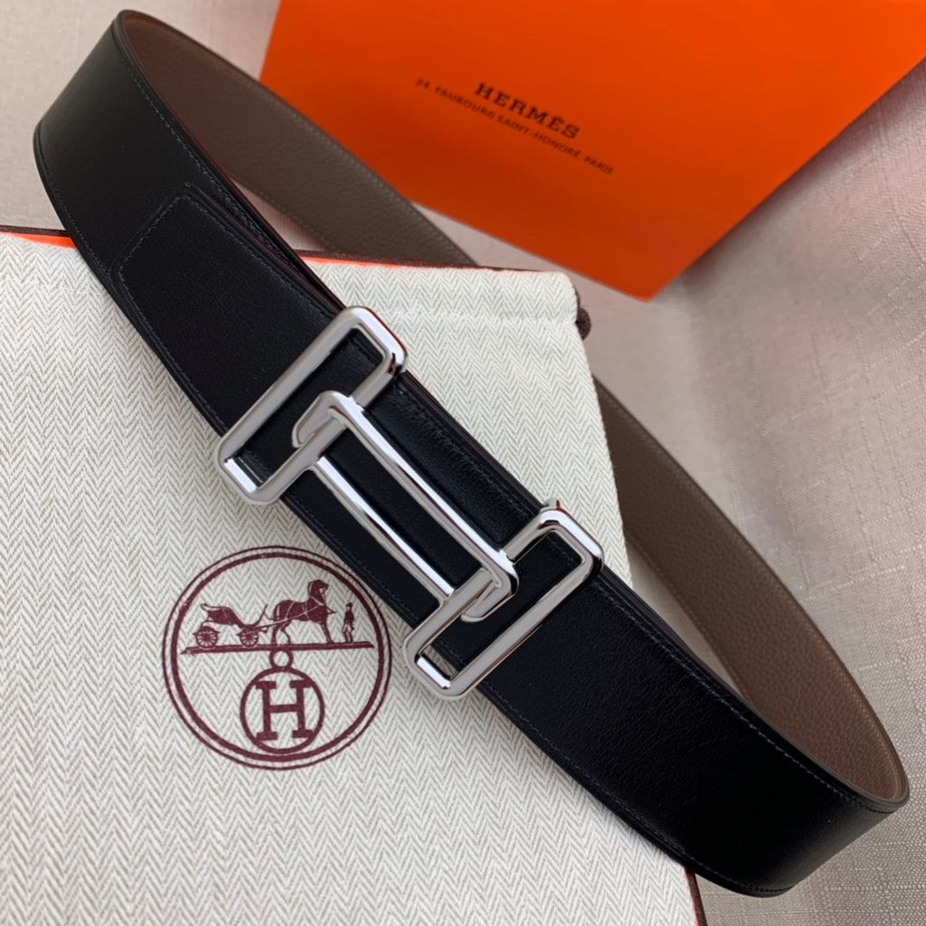 Dark leather belt with silver-tone H buckle