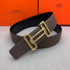 Brown leather belt with gold-tone H buckle and end tab