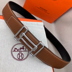 Brown leather belt with silver-tone double H buckle and white contrast stitching.