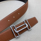 Brown leather belt with silver-tone double H buckle and three punched holes.