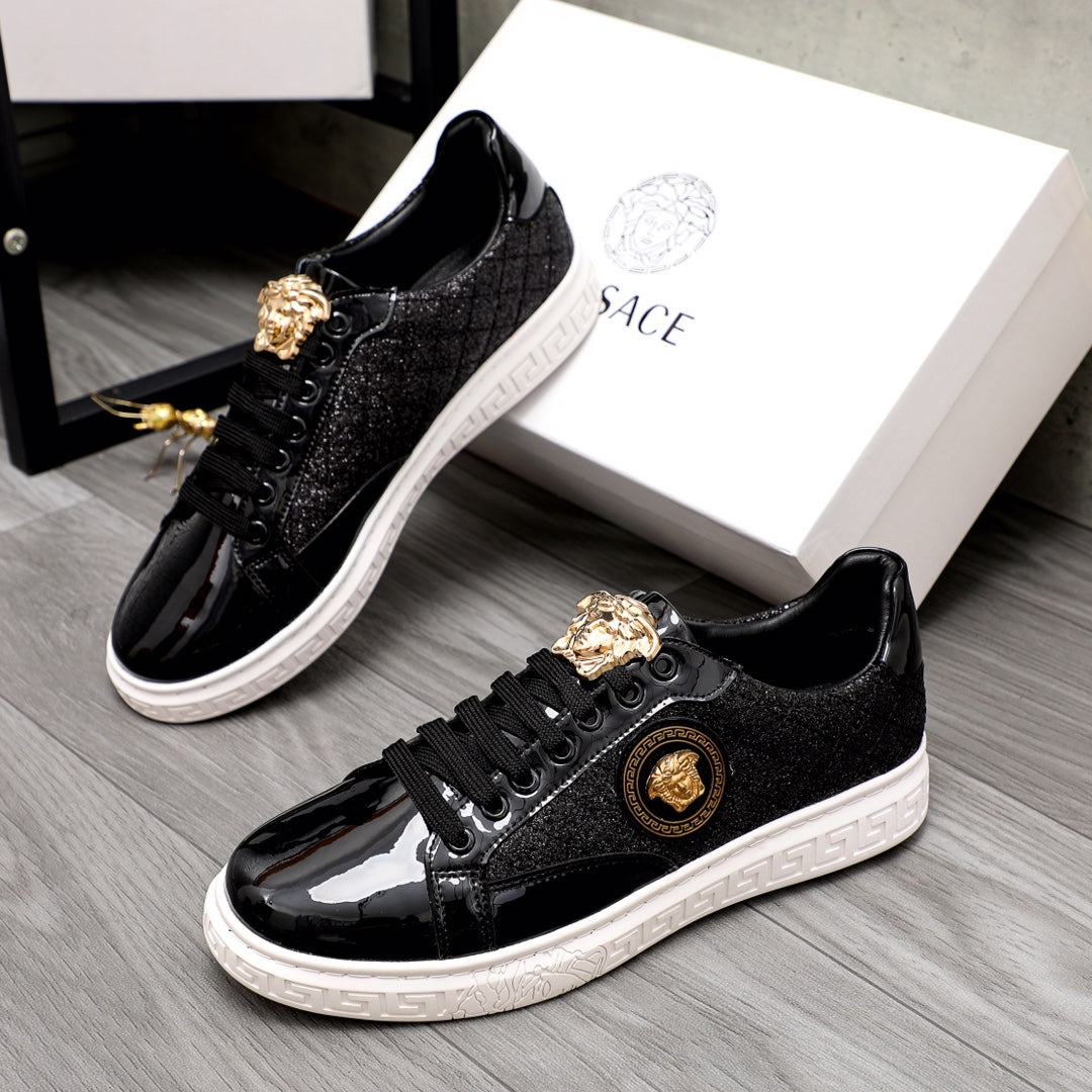 Versace black sneakers with gold lion emblem and black laced leather look