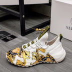Versace sneakers, white upper with gold baroque side print and Greek key strap details
