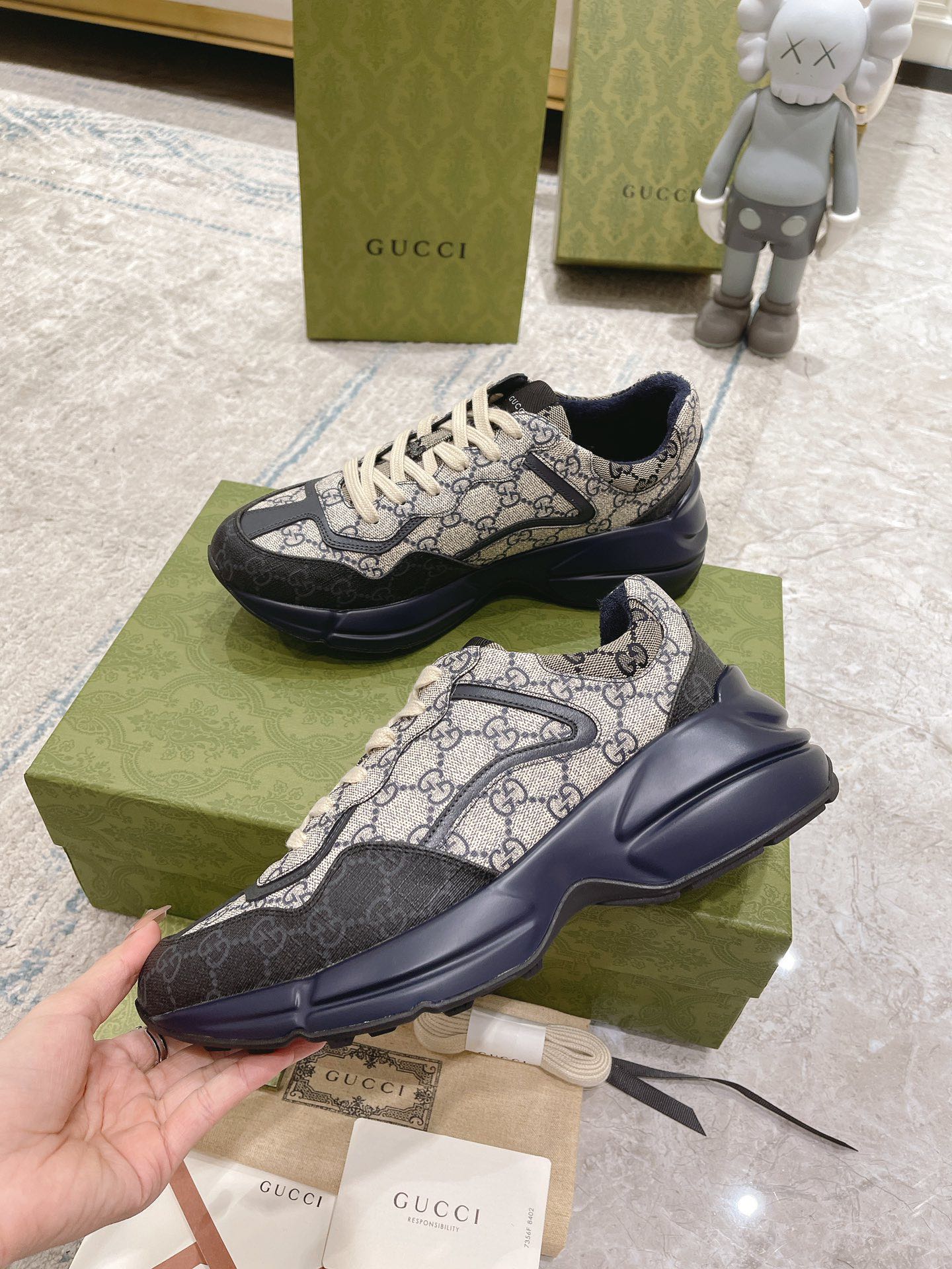 Gucci unisex lace-up sneakers, GG monogram canvas with navy rubber toe cap