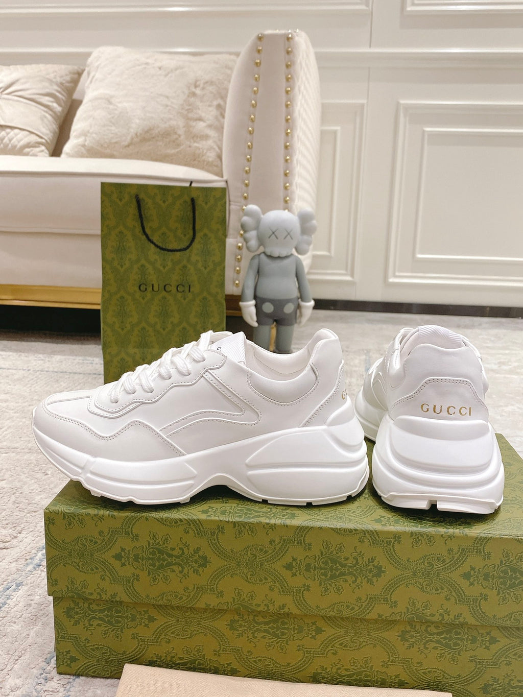White chunky sneaker and matching back shoe, lace-up design with side stripe