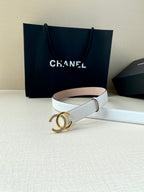 White leather belt with gold CC buckle and round clasp detail