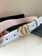 White leather belt with gold CC buckle and punched adjustment holes