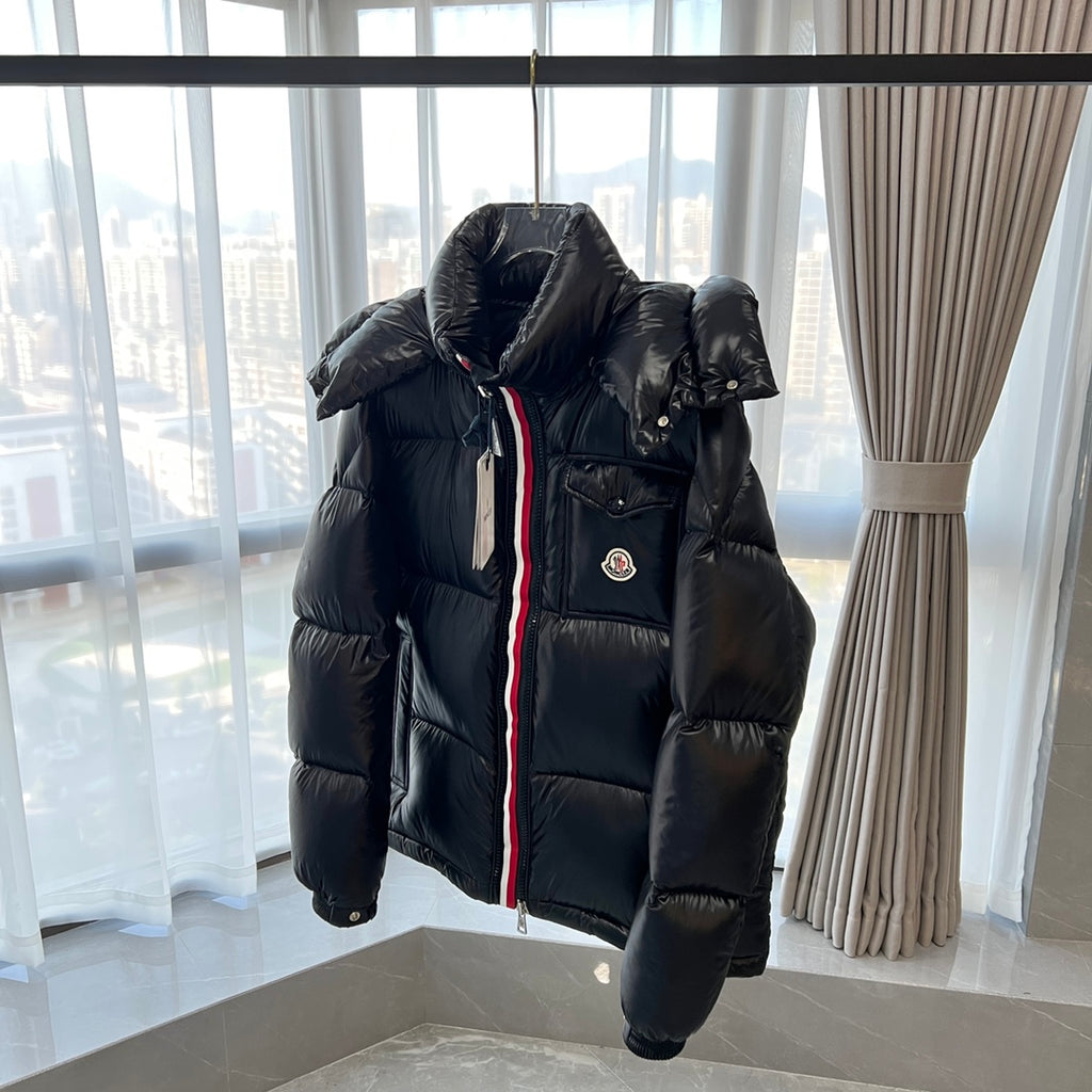 Long Moncler puffer jacket with hood, diamond quilting and front zip closure