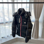Long Moncler puffer jacket with hood, diamond quilting and front zip closure