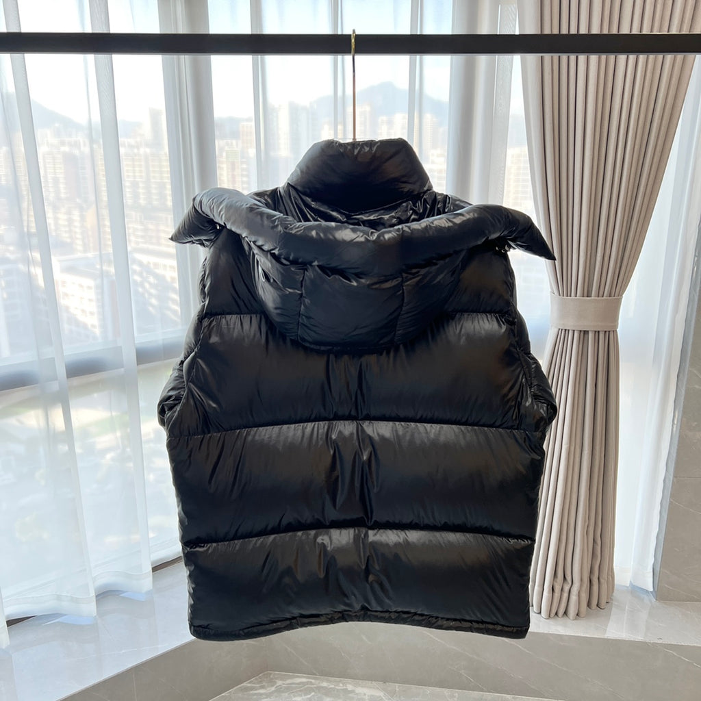 Long Moncler puffer jacket with hood and horizontal back quilting detail