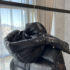 Long puffer jacket hood and padded sleeves with side button detail