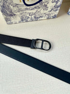 Dior belt side view with dark blue strap and black D-ring style buckle