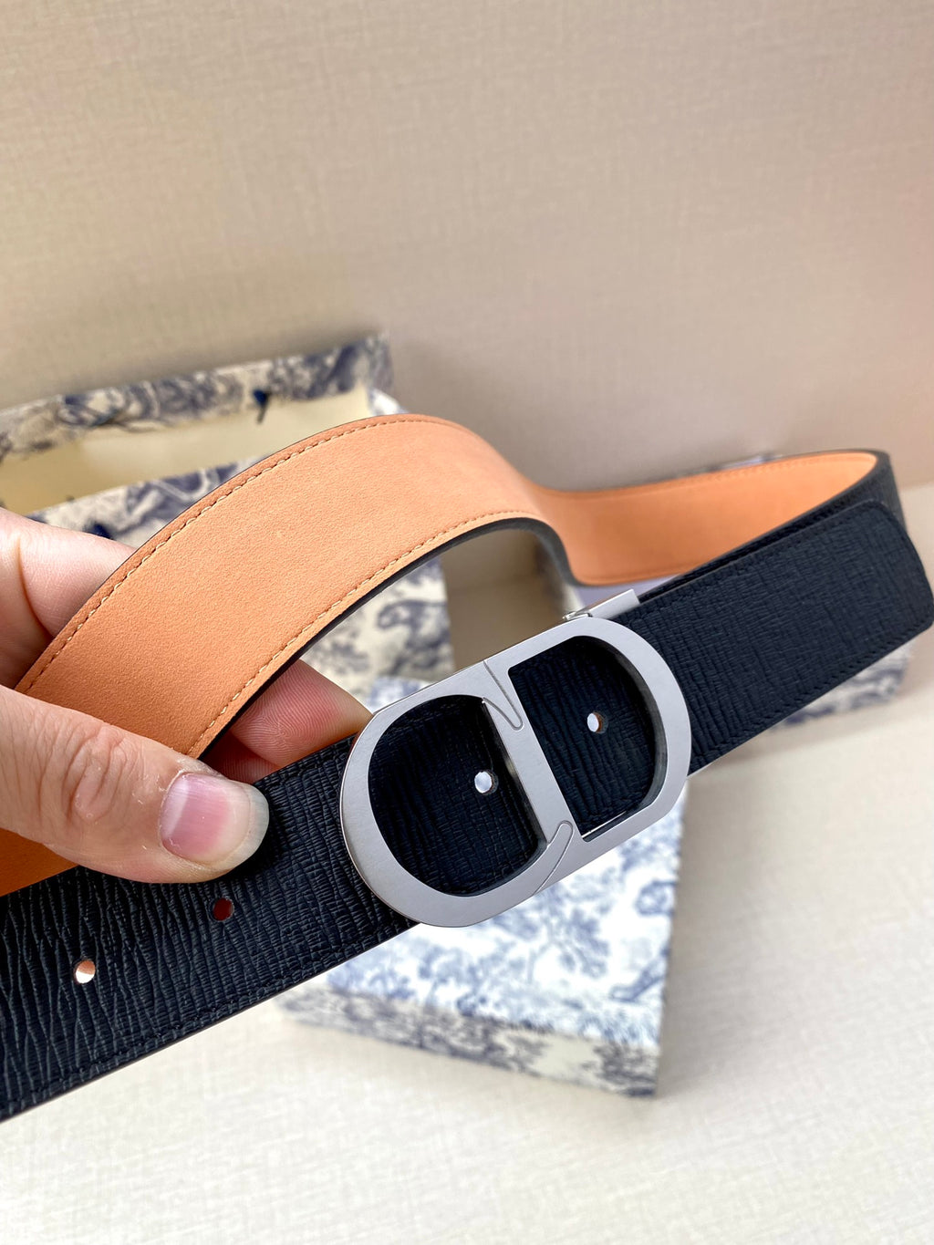 Dior belt, dark navy strap with tan lining and silver buckle