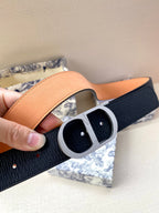 Dior belt, dark navy strap with tan lining and silver buckle