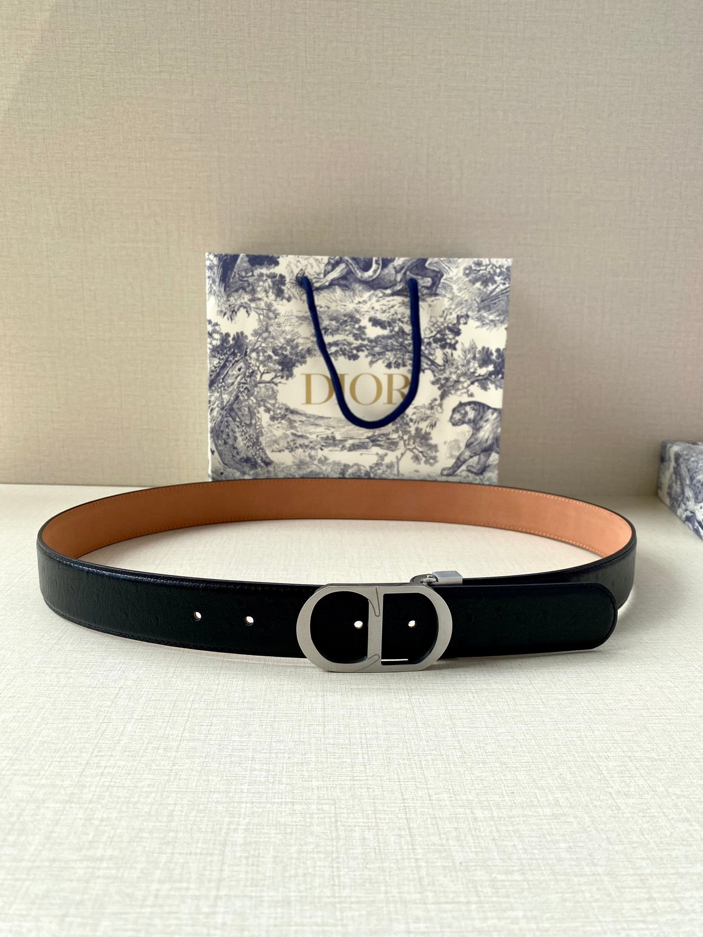 Dior belt lying flat: black strap with silver-tone buckle