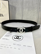 Black leather belt with silver CC buckle