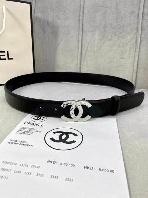 Black leather belt with silver CC buckle