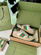 Gucci unisex sneakers, beige with green/red stripe accents in open box