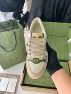 Gucci unisex sneaker, beige back view with Gucci heel tab and lace-up